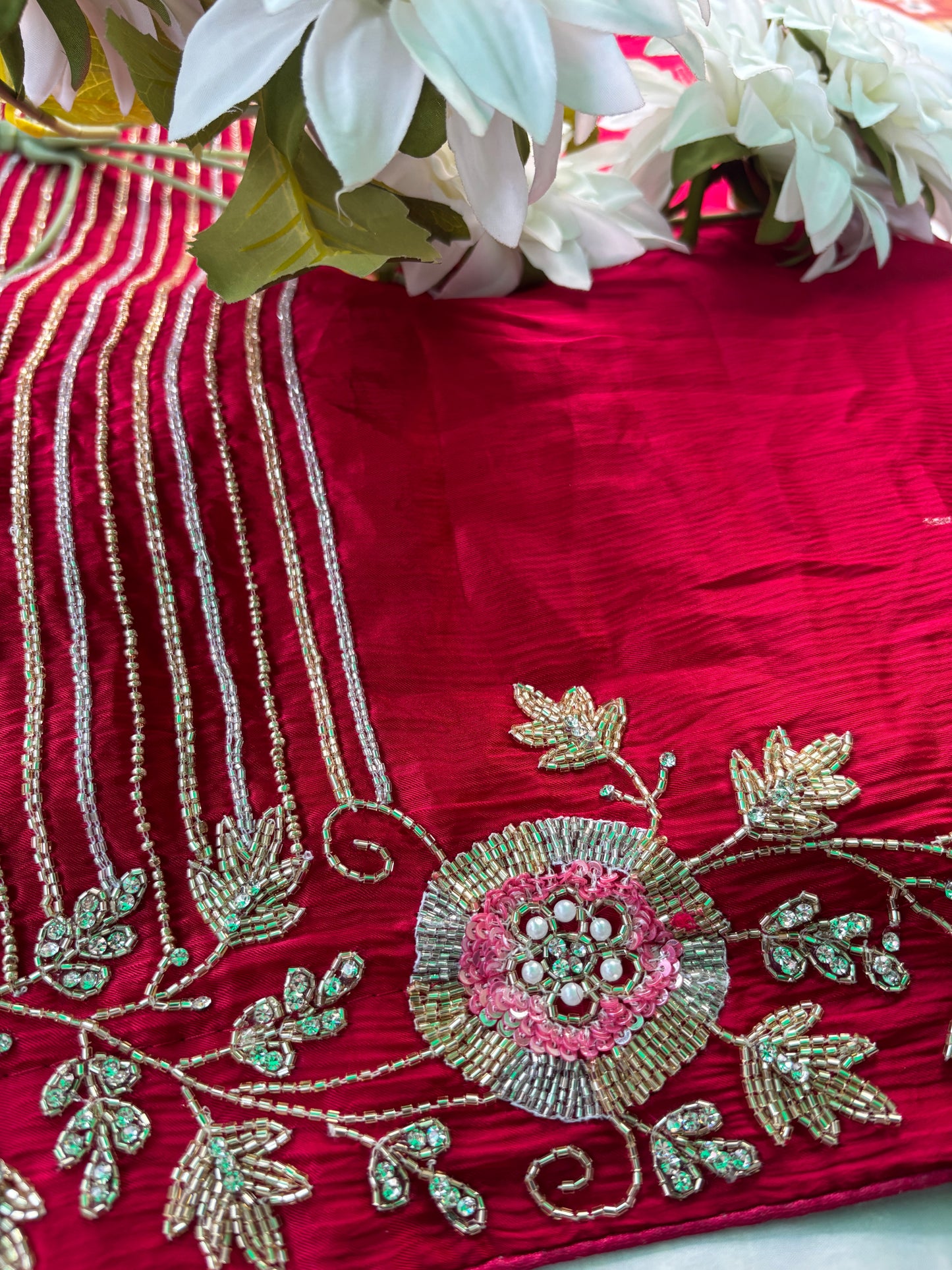 Red Saree with Zari Stripes & Floral Embroidered Border