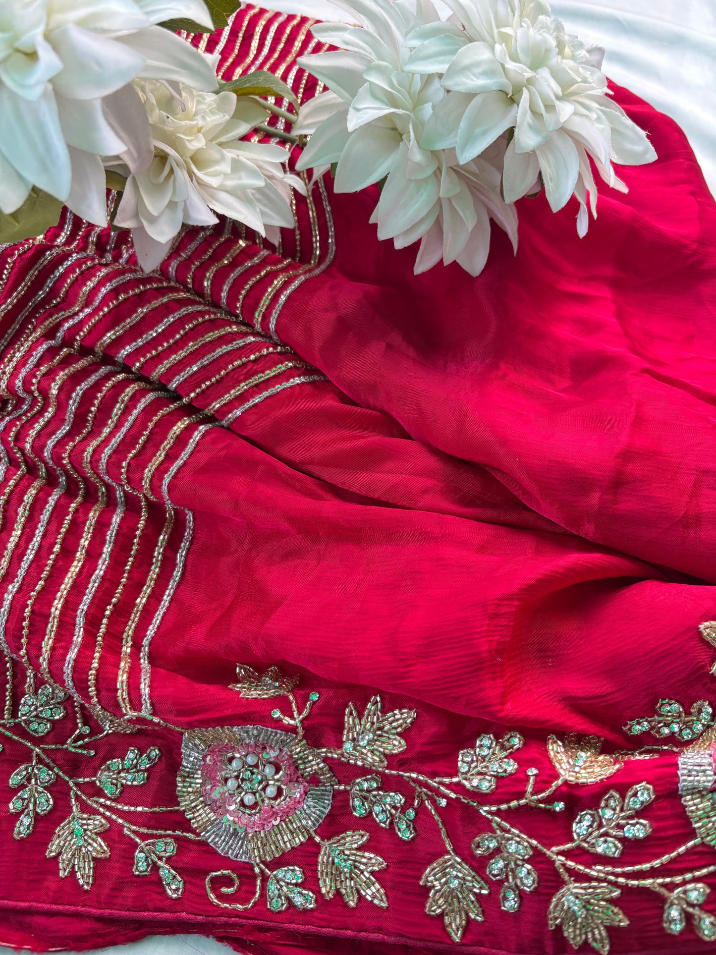Red Saree with Zari Stripes & Floral Embroidered Border