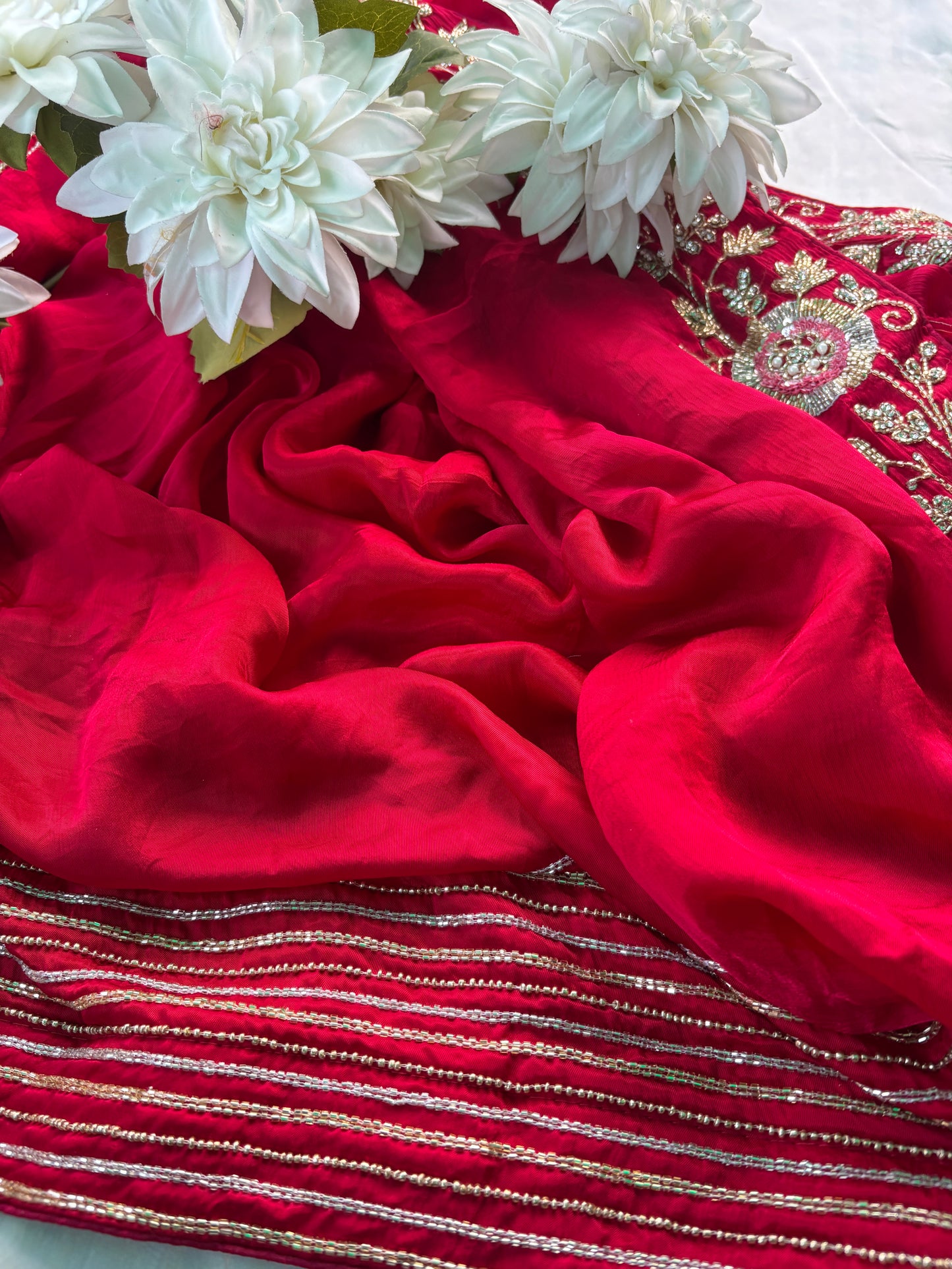 Red Saree with Zari Stripes & Floral Embroidered Border