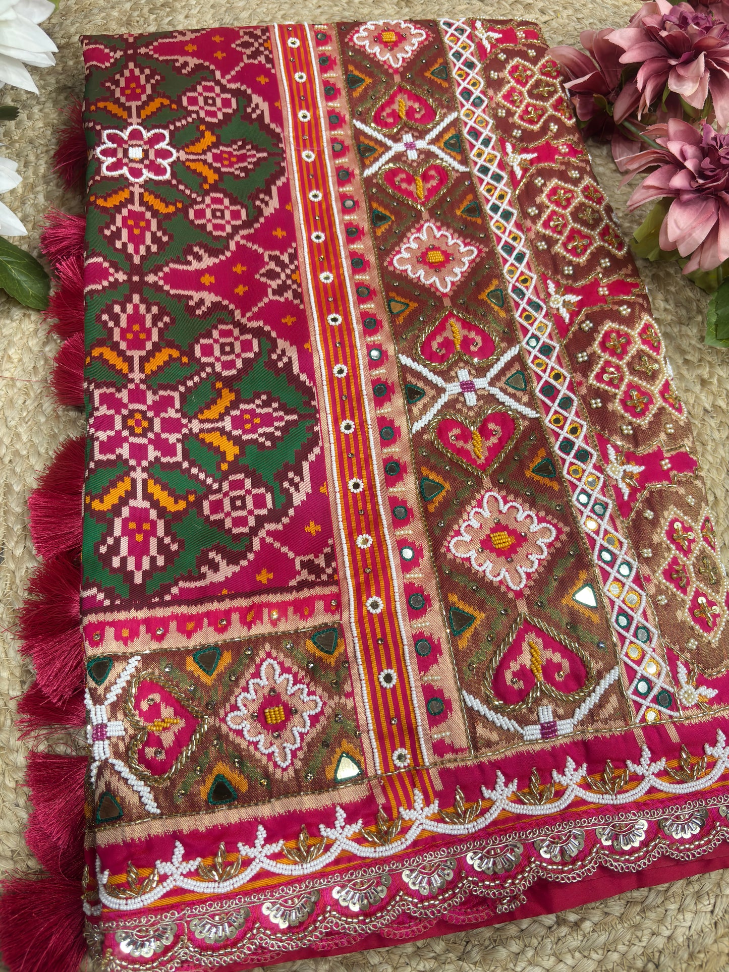 Rani Patola Silk Designer Saree With Pearl & Zarkan Work
