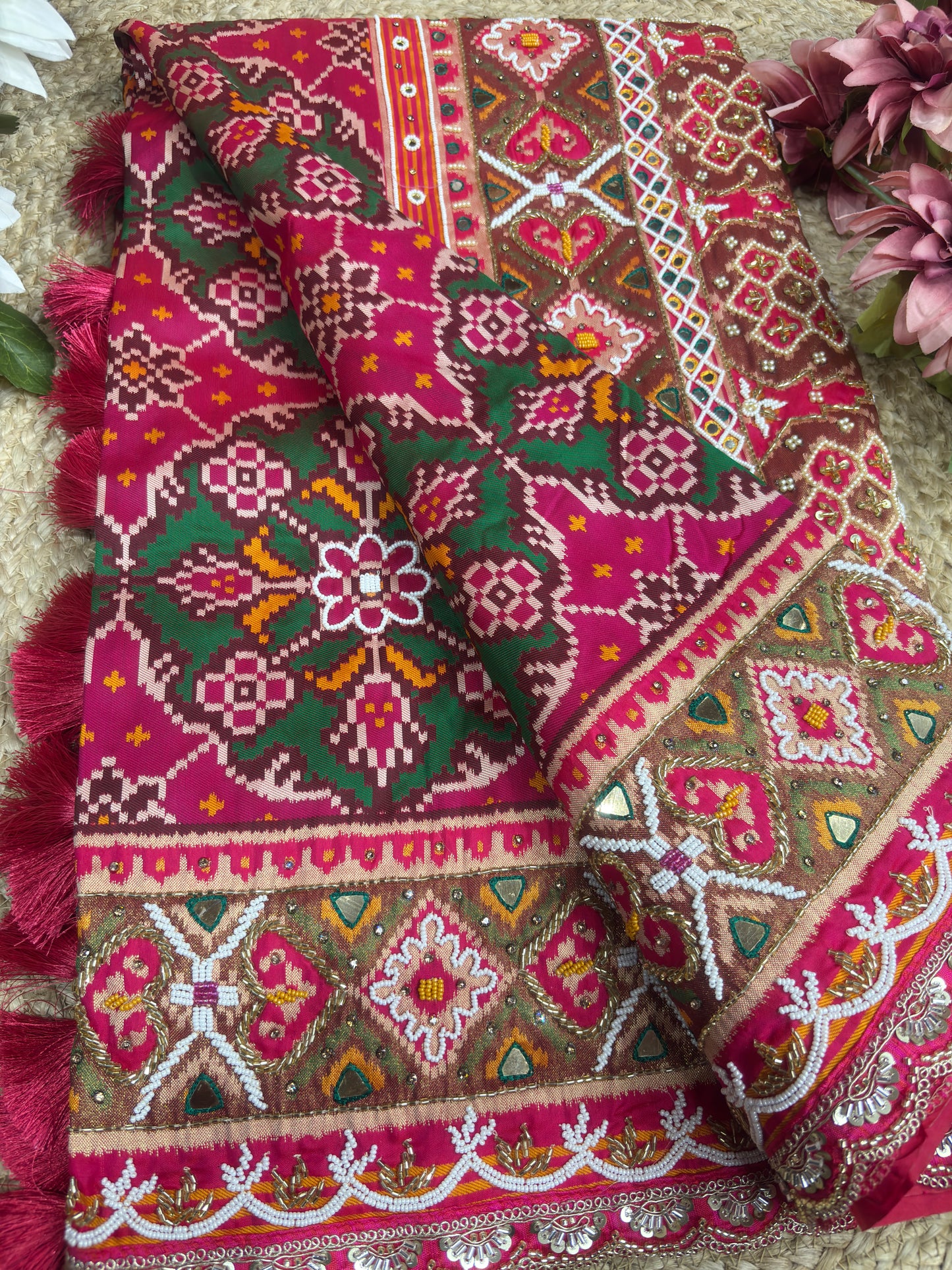 Rani Patola Silk Designer Saree With Pearl & Zarkan Work