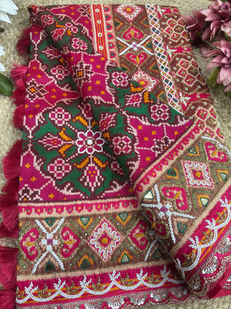 Rani Patola Silk Designer Saree With Pearl & Zarkan Work