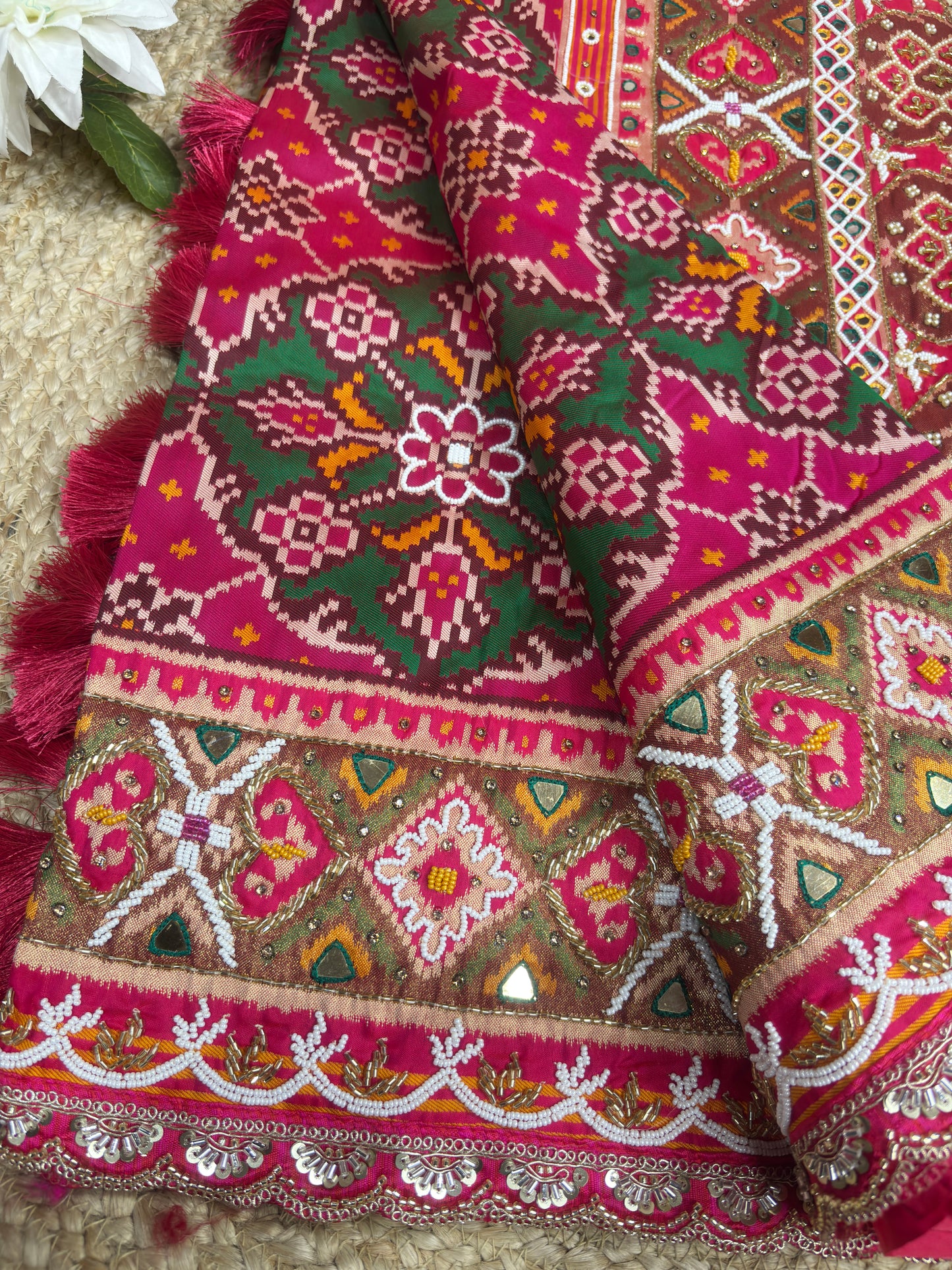 Rani Patola Silk Designer Saree With Pearl & Zarkan Work