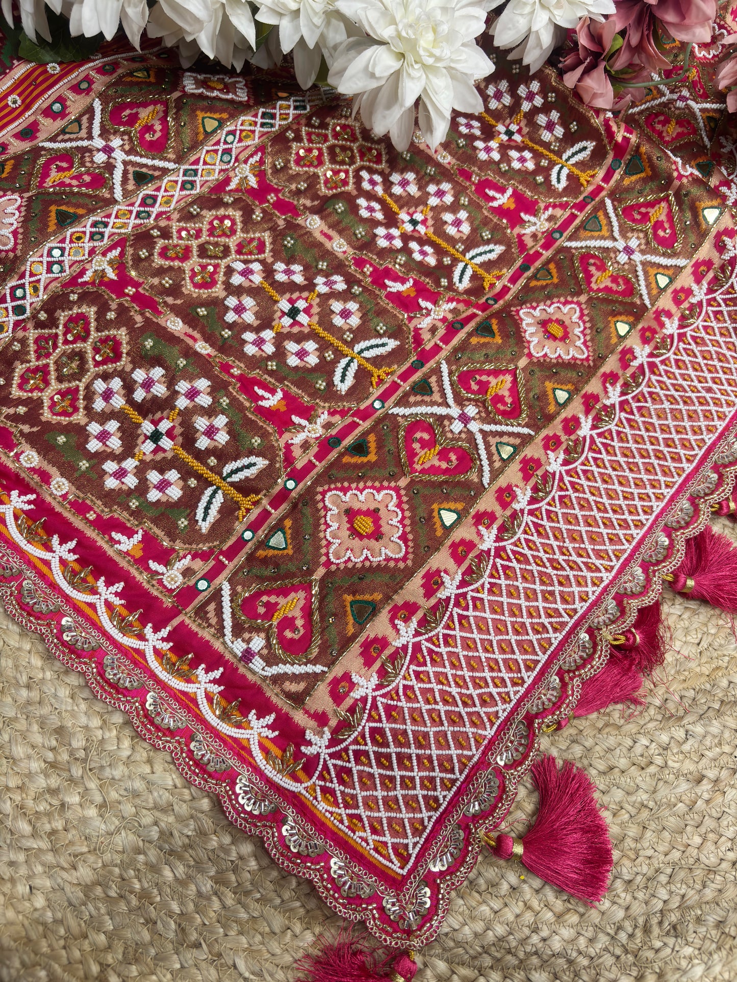 Rani Patola Silk Designer Saree With Pearl & Zarkan Work