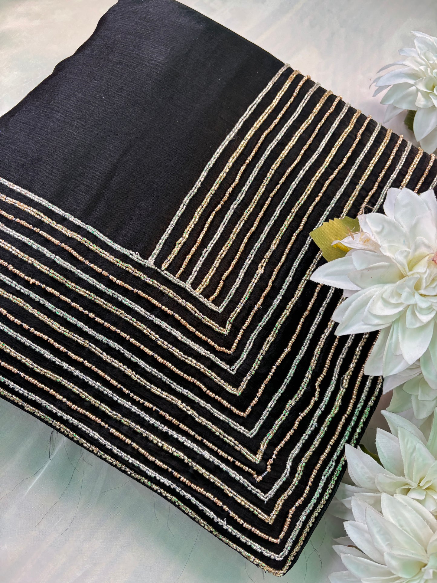 Black Saree with Zari Stripes & Floral Embroidered Border