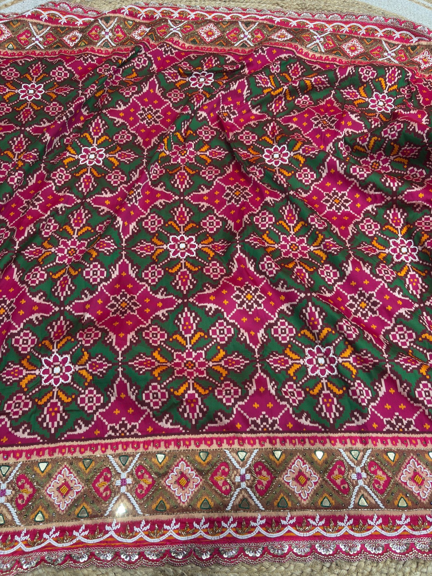 Rani Patola Silk Designer Saree With Pearl & Zarkan Work
