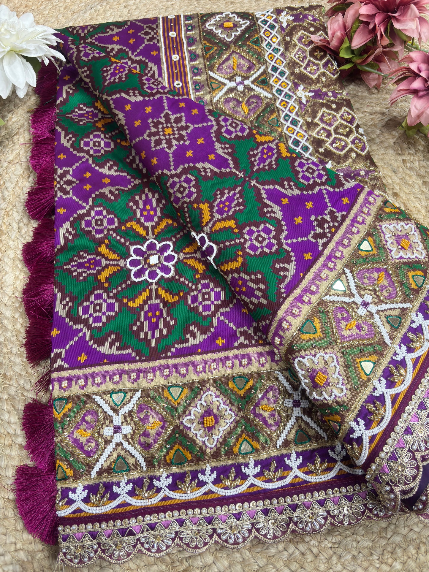 Purple Patola Silk Designer Saree With Pearl & Zarkan Work