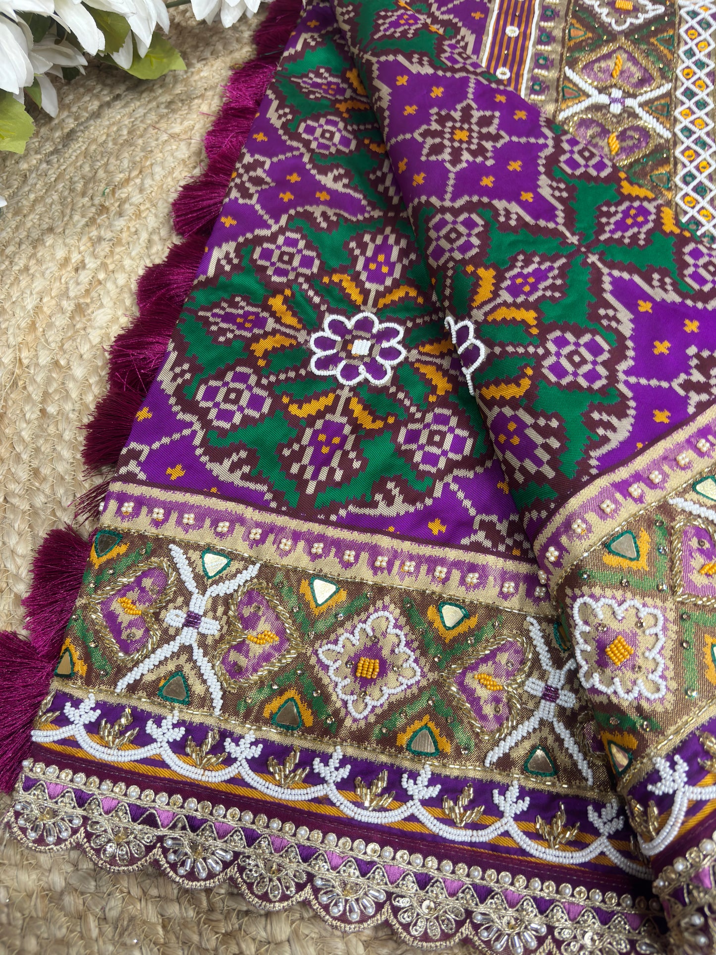 Purple Patola Silk Designer Saree With Pearl & Zarkan Work