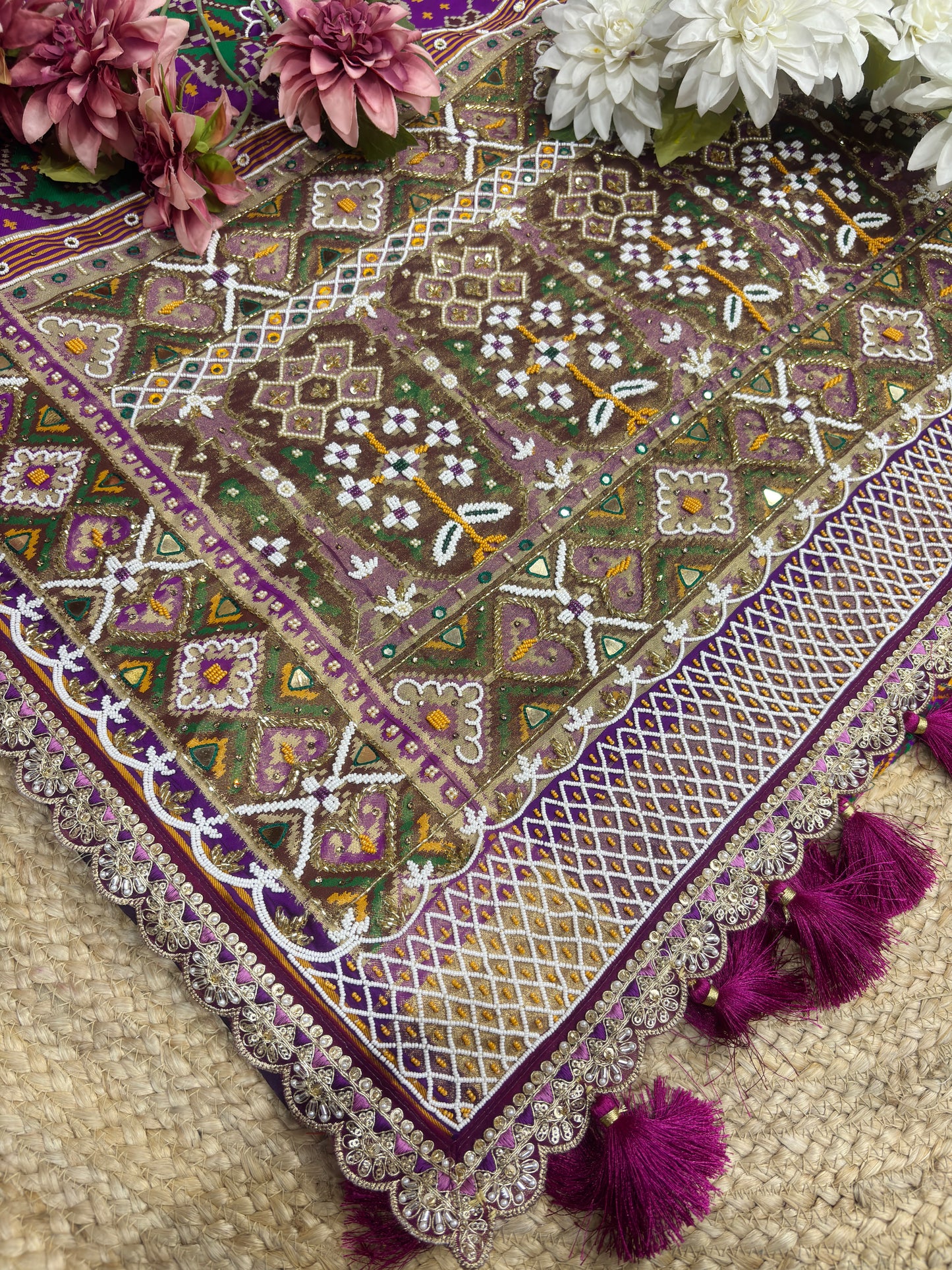 Purple Patola Silk Designer Saree With Pearl & Zarkan Work