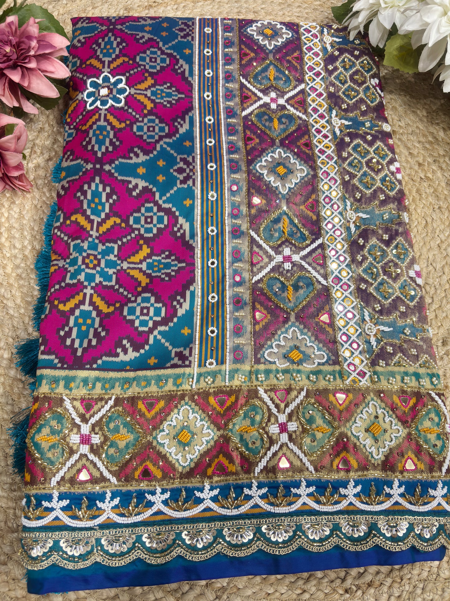 Blue Patola Silk Designer Saree With Pearl & Zarkan Work
