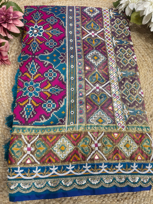 Blue Patola Silk Designer Saree With Pearl & Zarkan Work