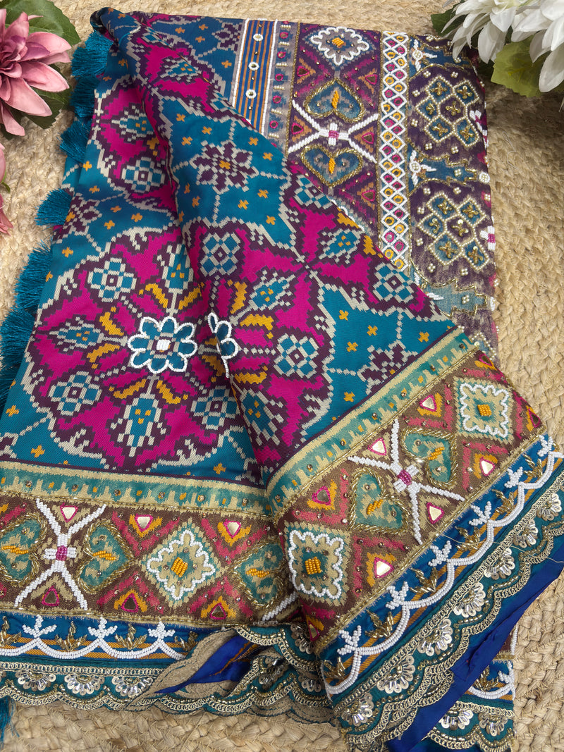 Blue Patola Silk Designer Saree With Pearl & Zarkan Work