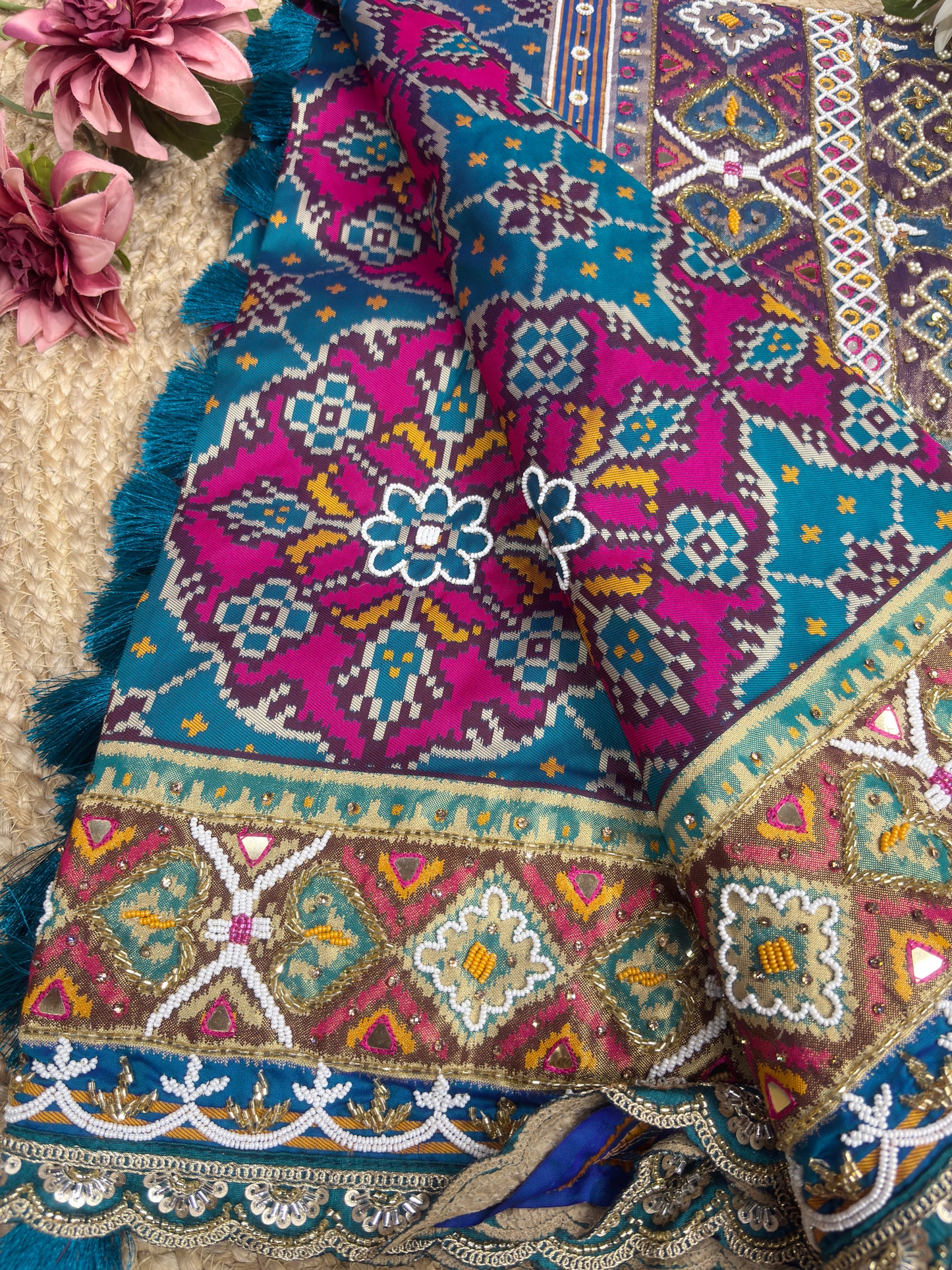 Blue Patola Silk Designer Saree With Pearl & Zarkan Work