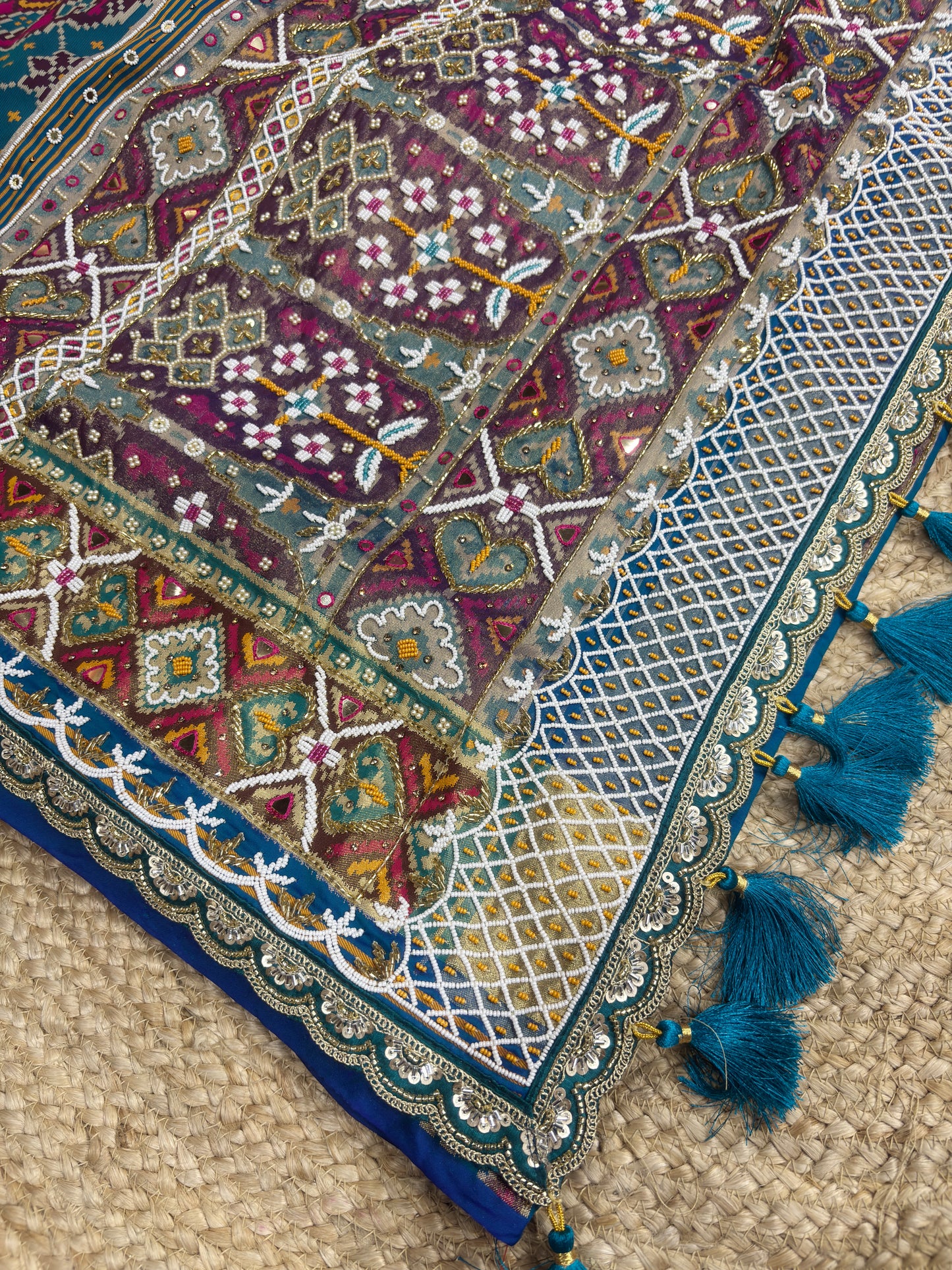 Blue Patola Silk Designer Saree With Pearl & Zarkan Work