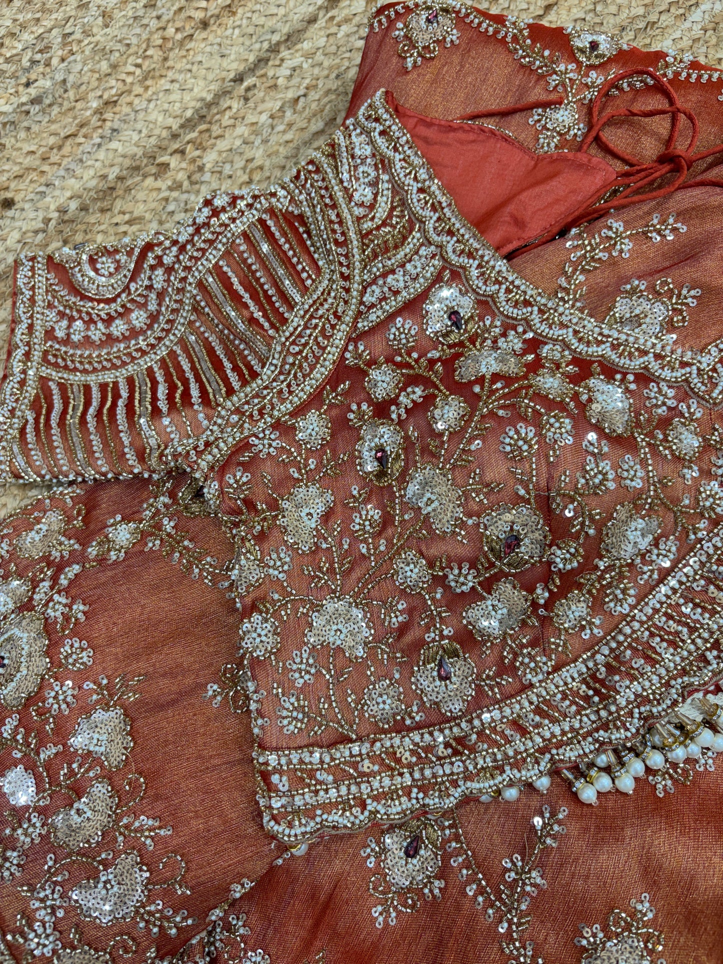 Rust Orange Heavy Zari Embroidered Designer Saree Blouse