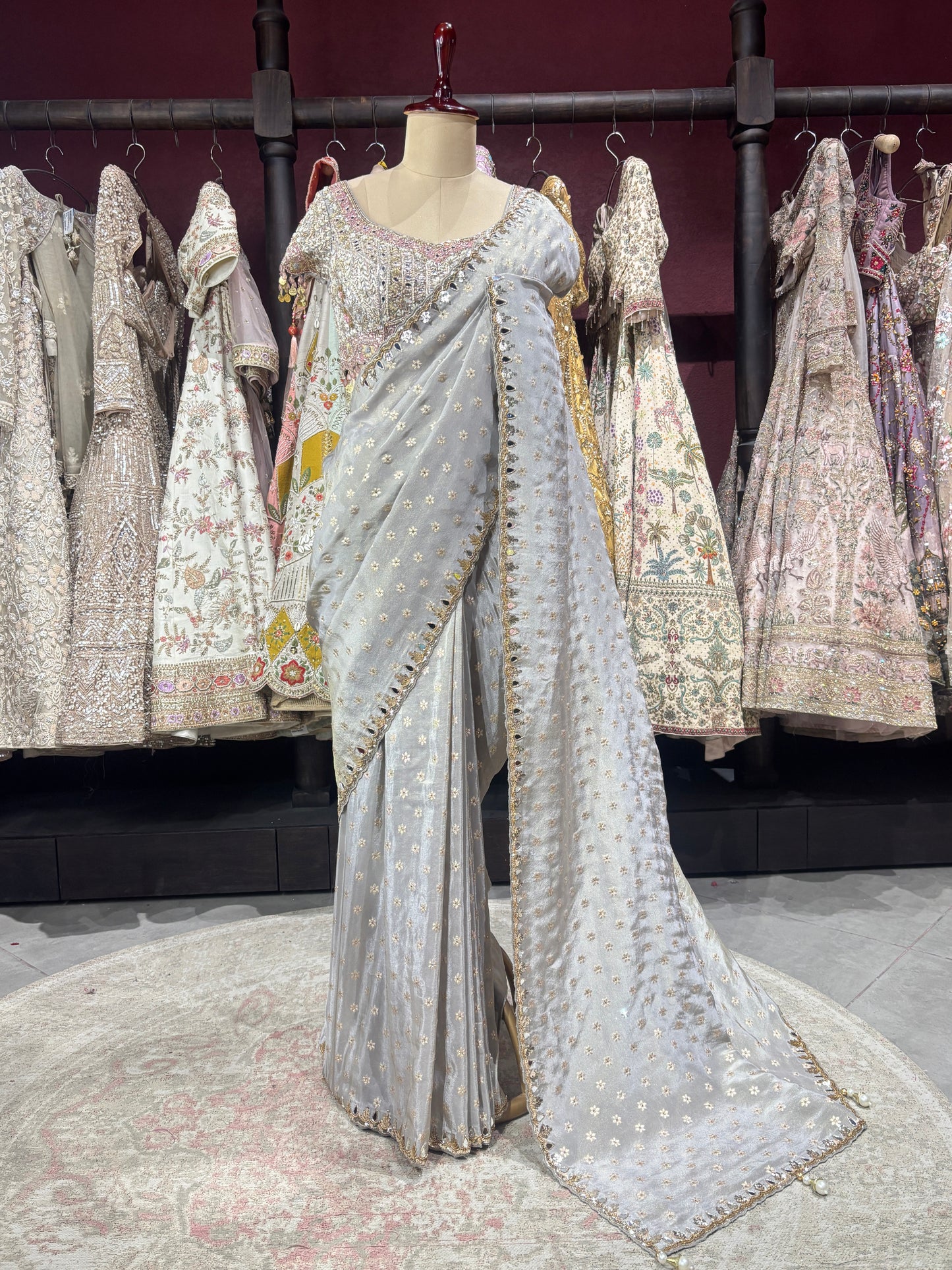 Designer Silver Gray Saree with Silver Mirror Embroidery
