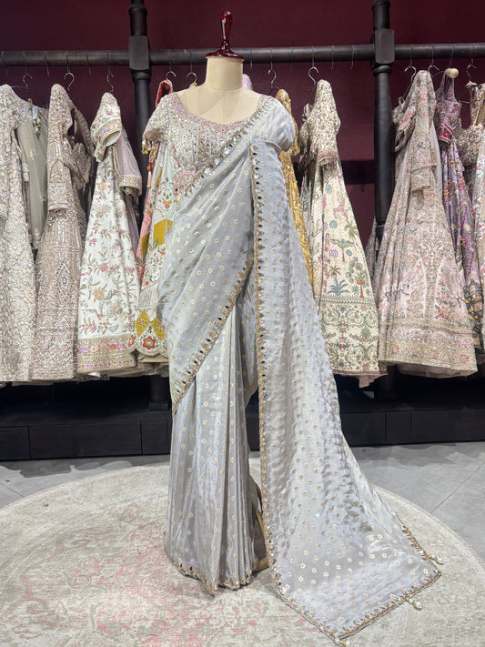 Designer Silver Gray Saree with Silver Mirror Embroidery