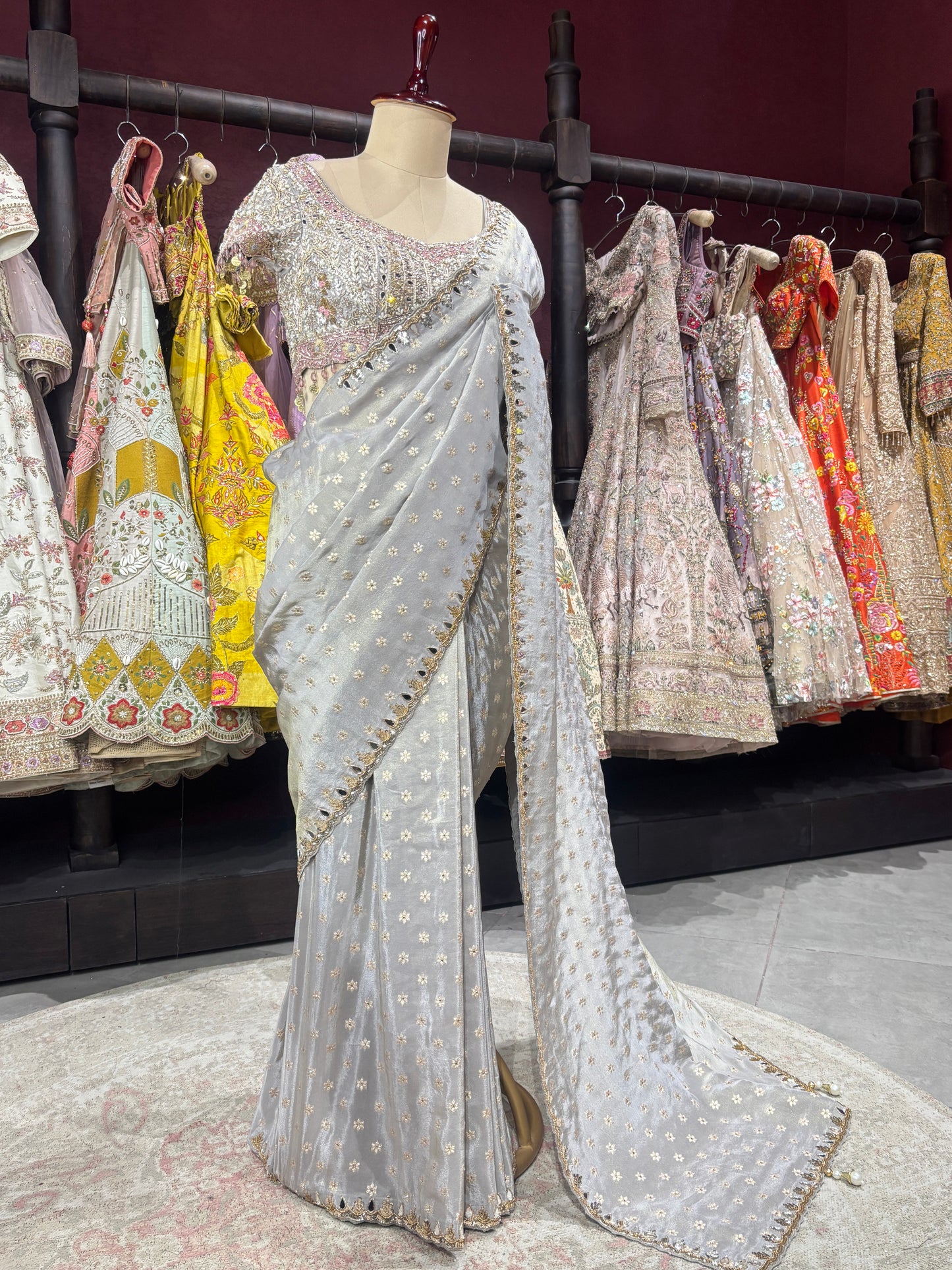 Designer Silver Gray Saree with Silver Mirror Embroidery