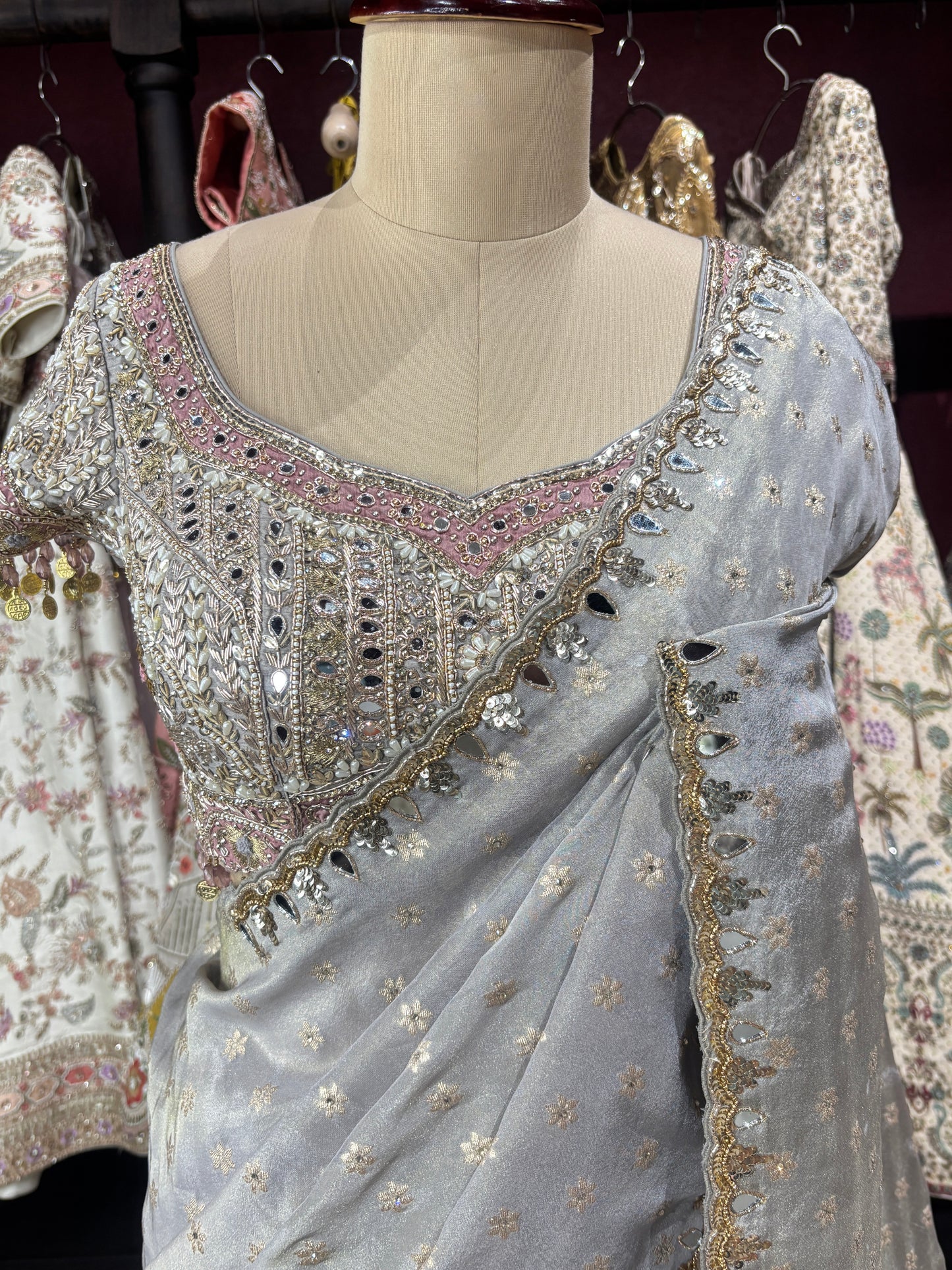 Designer Silver Gray Saree with Silver Mirror Embroidery