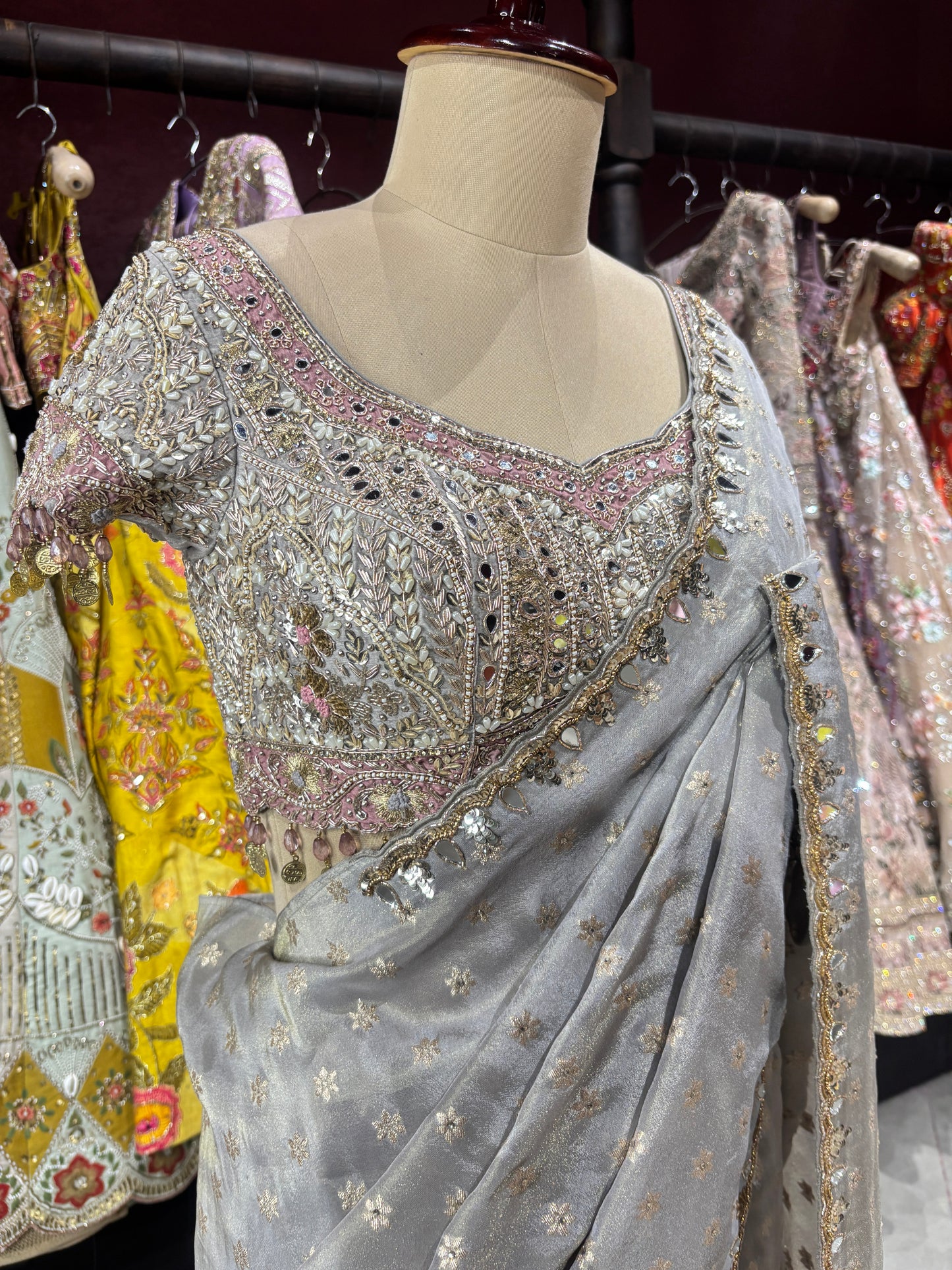 Designer Silver Gray Saree with Silver Mirror Embroidery