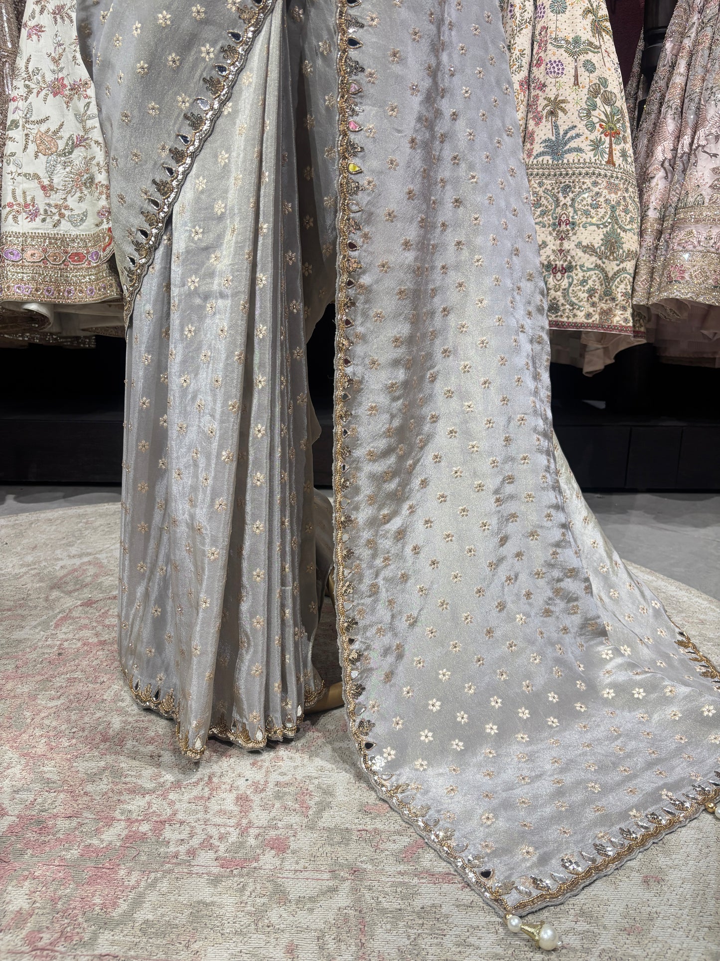 Designer Silver Gray Saree with Silver Mirror Embroidery