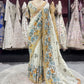 Designer Ivory Saree with Blue-Gold Floral Embroidery