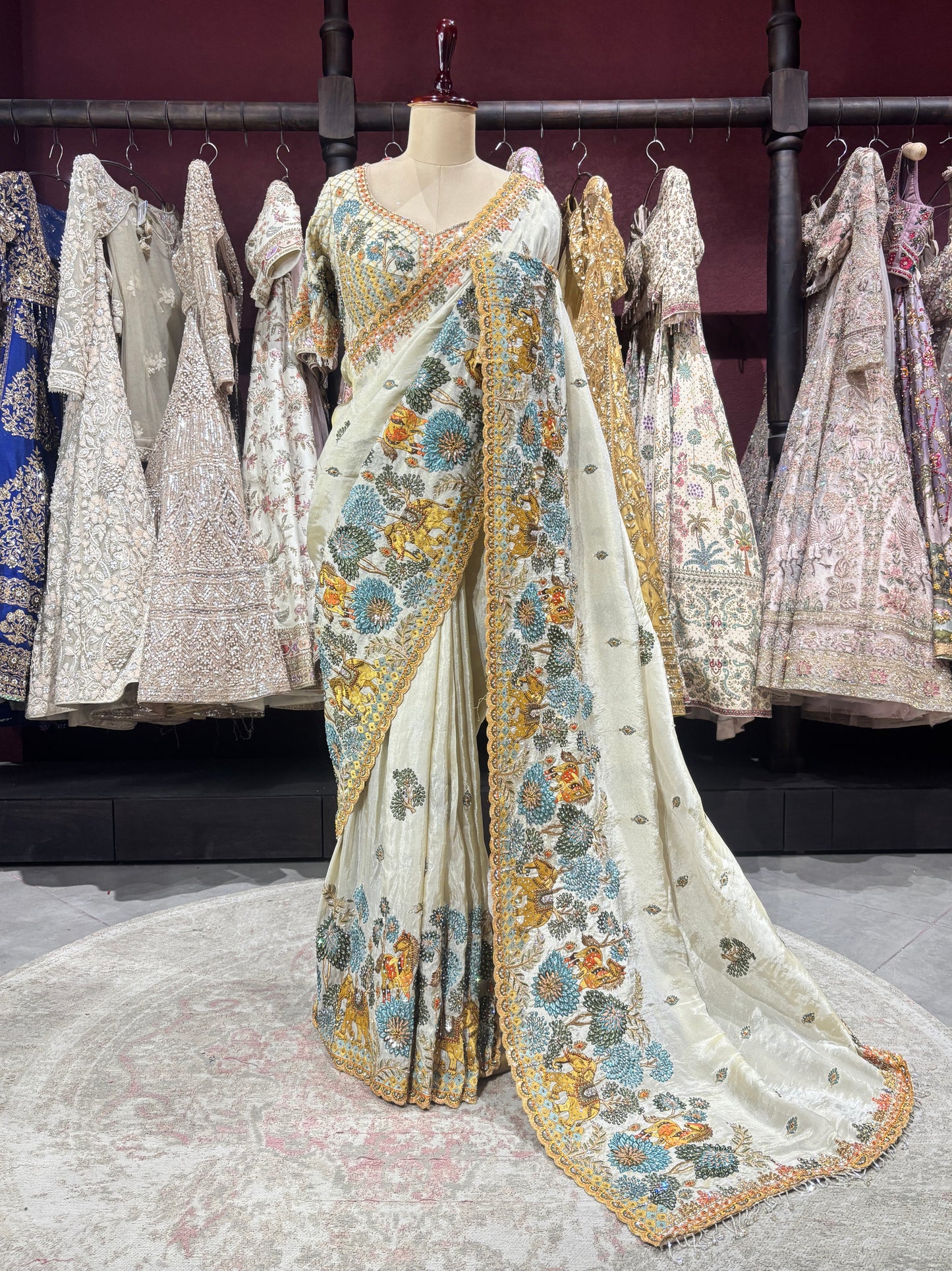 Designer Ivory Saree with Blue-Gold Floral Embroidery