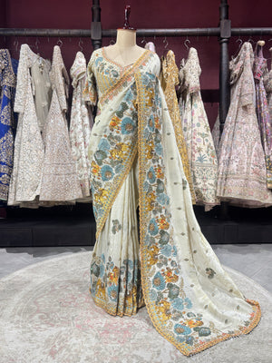 Designer Ivory Saree with Blue-Gold Floral Embroidery