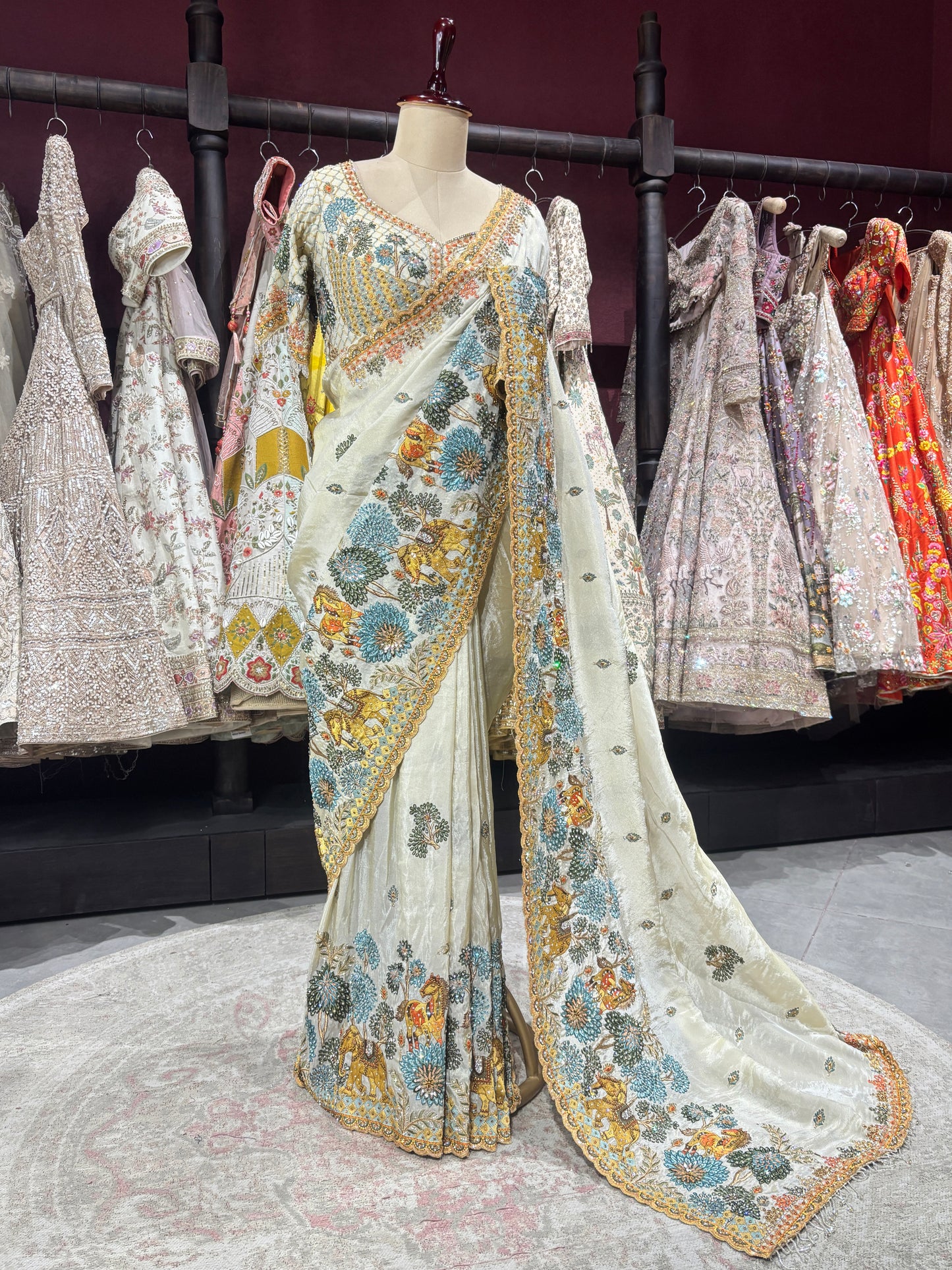 Designer Ivory Saree with Blue-Gold Floral Embroidery