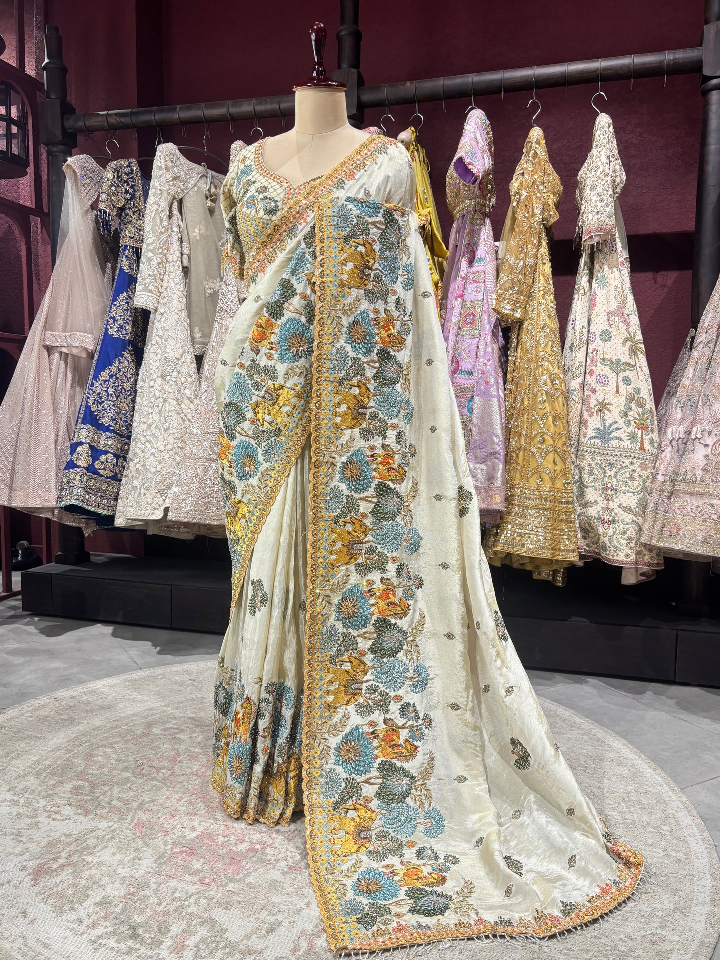 Designer Ivory Saree with Blue-Gold Floral Embroidery