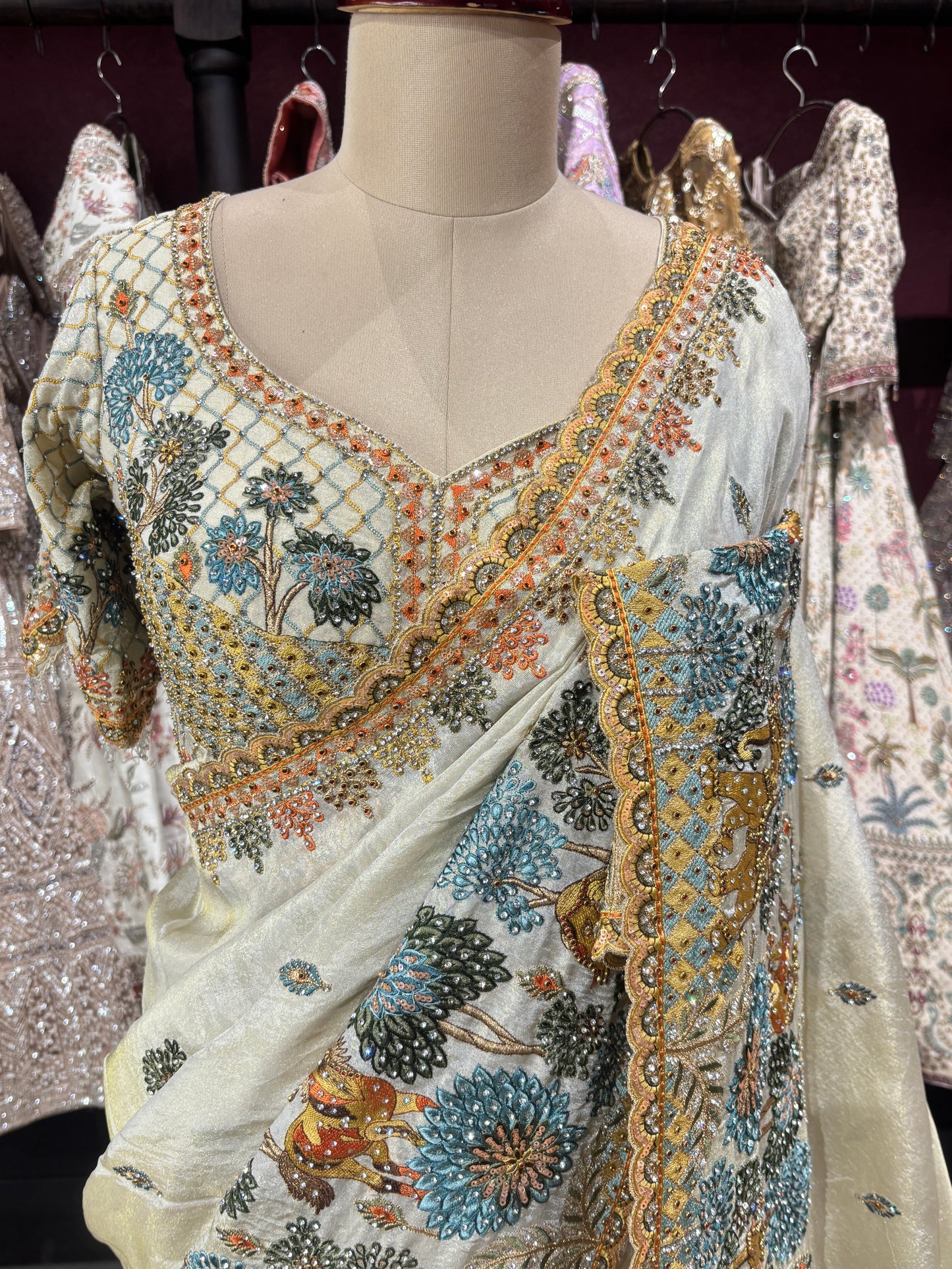 Designer Ivory Saree with Blue-Gold Floral Embroidery