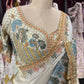 Designer Ivory Saree with Blue-Gold Floral Embroidery