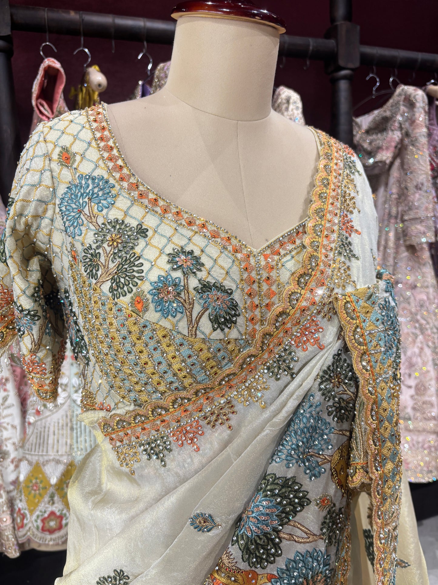 Designer Ivory Saree with Blue-Gold Floral Embroidery