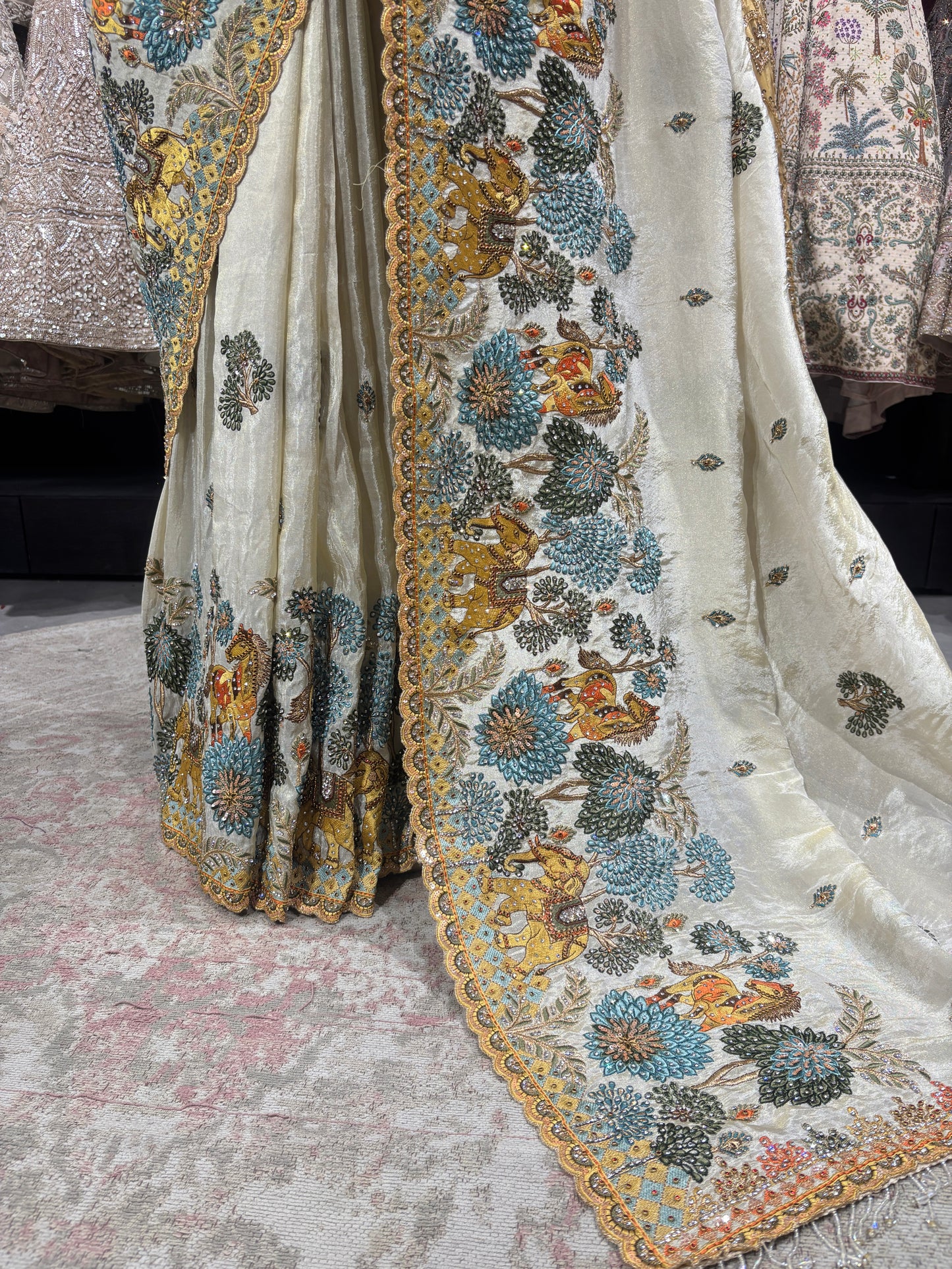 Designer Ivory Saree with Blue-Gold Floral Embroidery