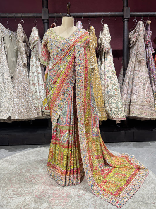 Multicolor Heritage Embroidered Saree with Heavy Handwork Border