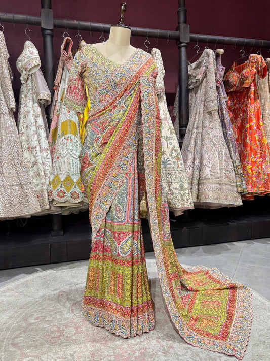 Multicolor Heritage Embroidered Saree with Heavy Handwork Border
