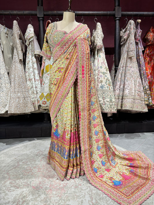Heritage Printed Saree with Heavy Embroidered Border & Designer Blouse