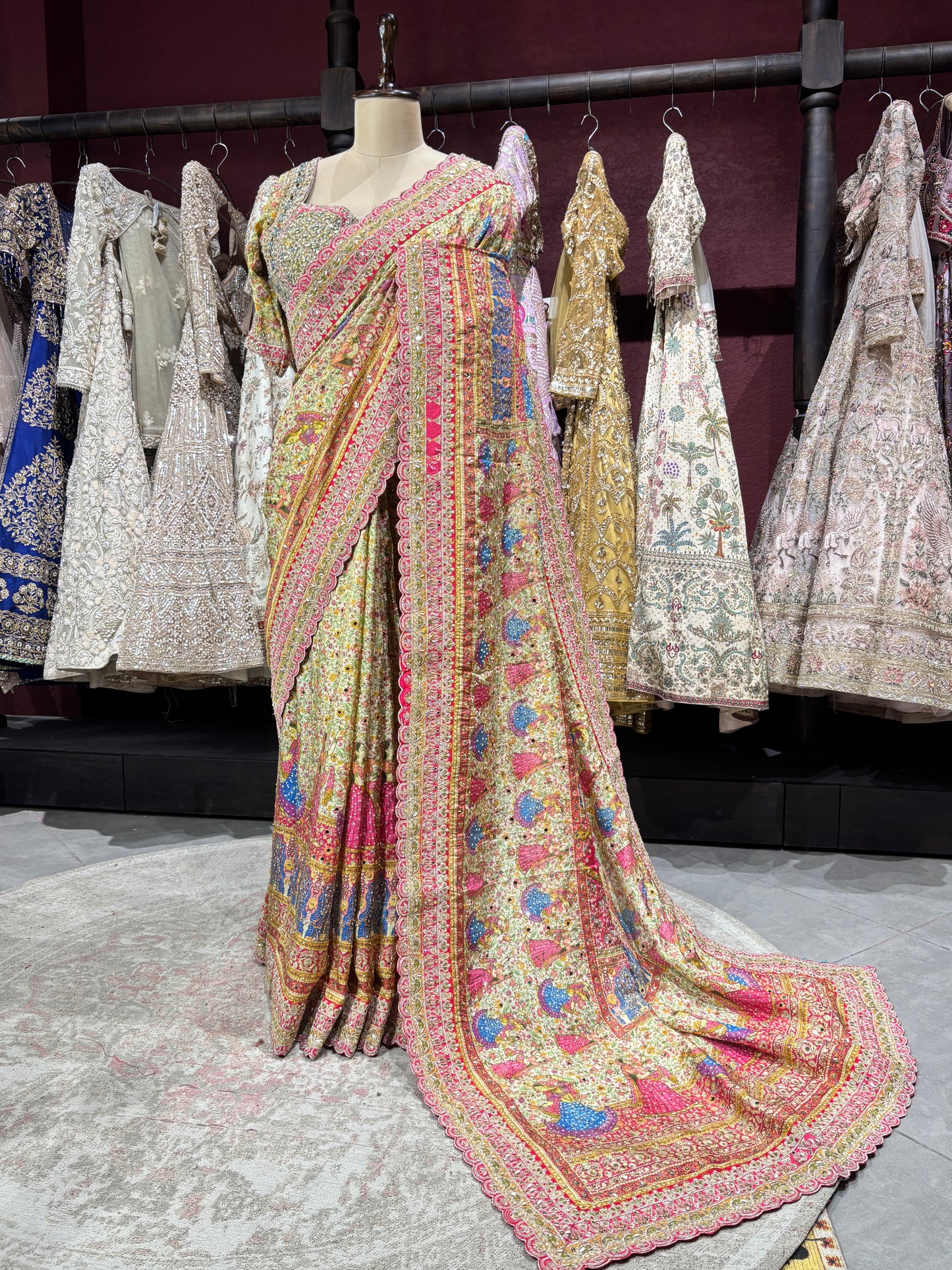 Heritage Printed Saree with Heavy Embroidered Border & Designer Blouse