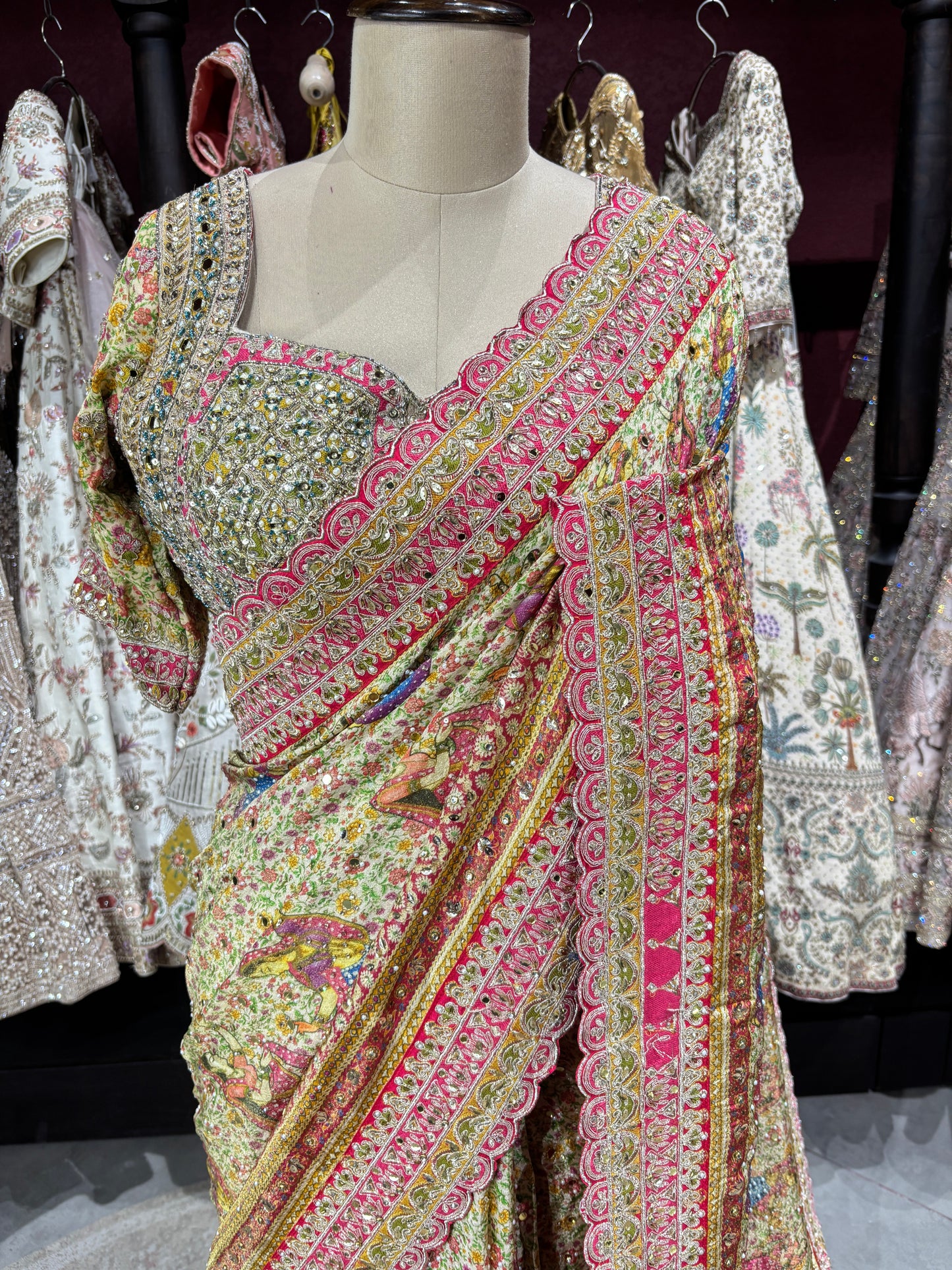 Heritage Printed Saree with Heavy Embroidered Border & Designer Blouse