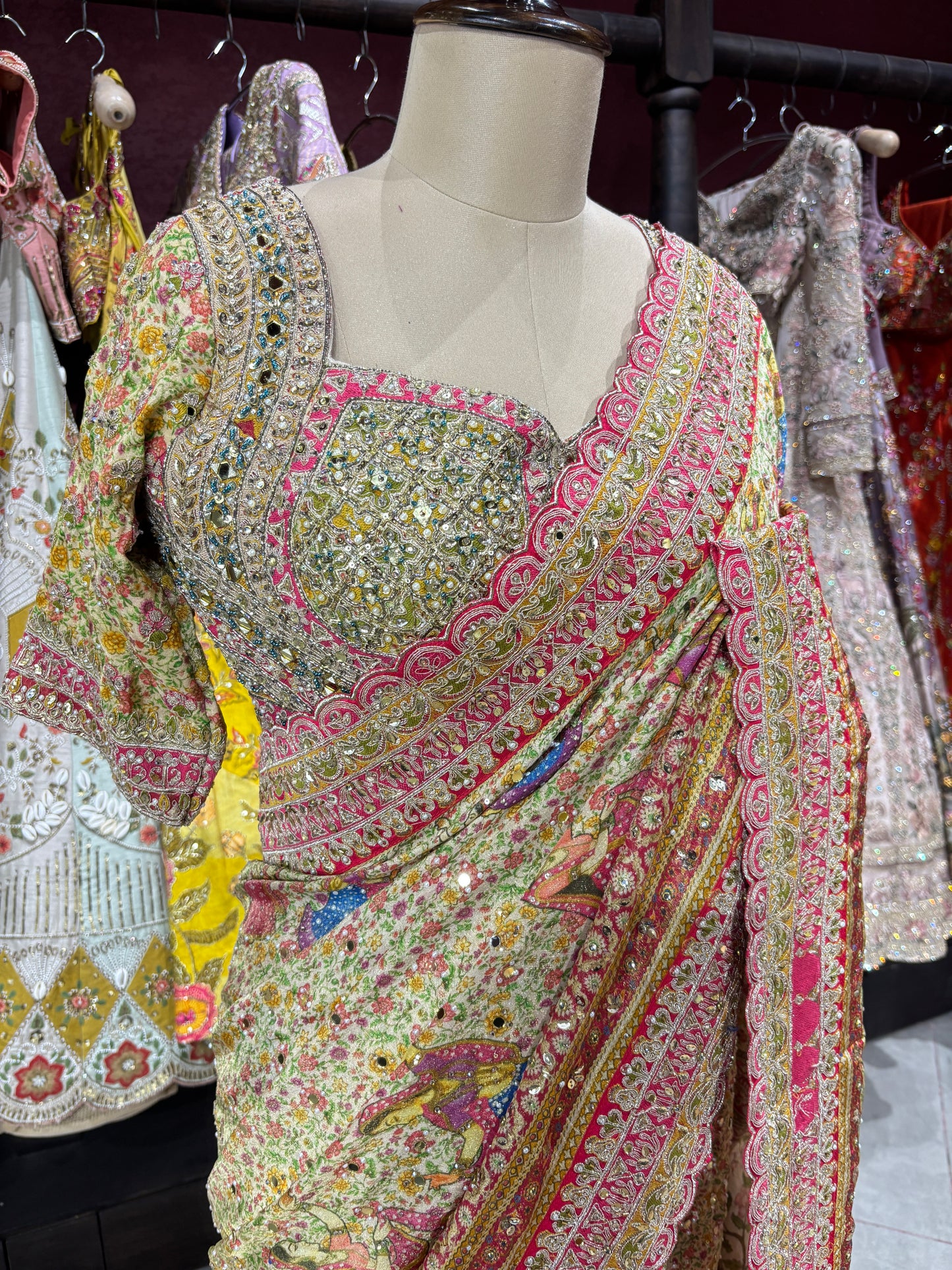 Heritage Printed Saree with Heavy Embroidered Border & Designer Blouse