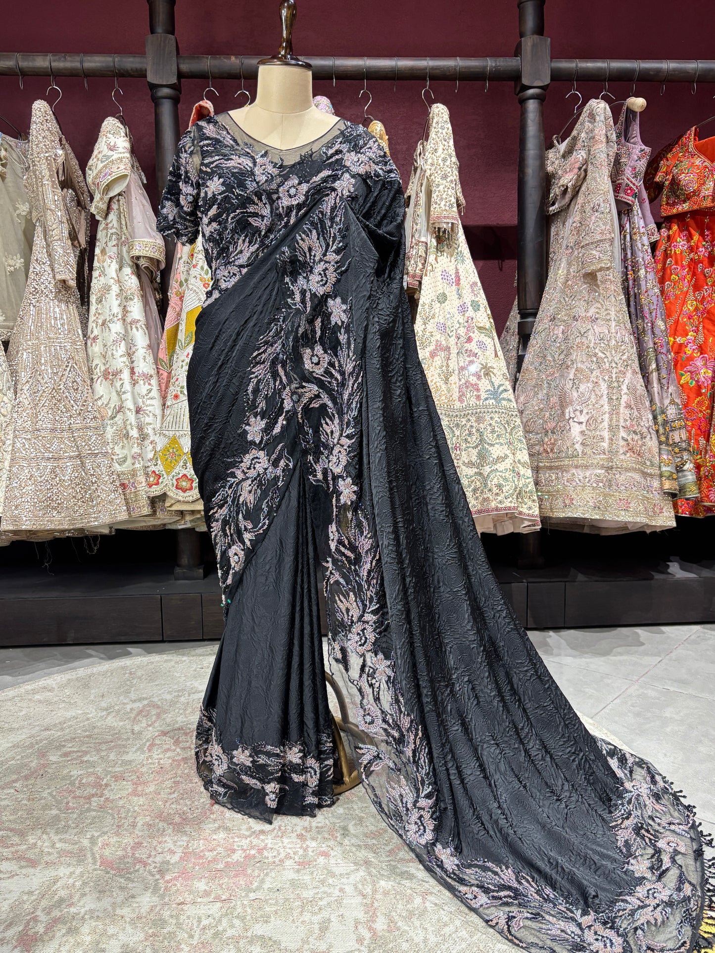 Midnight Black Designer Saree with Heavy Sequins & Floral Handwork