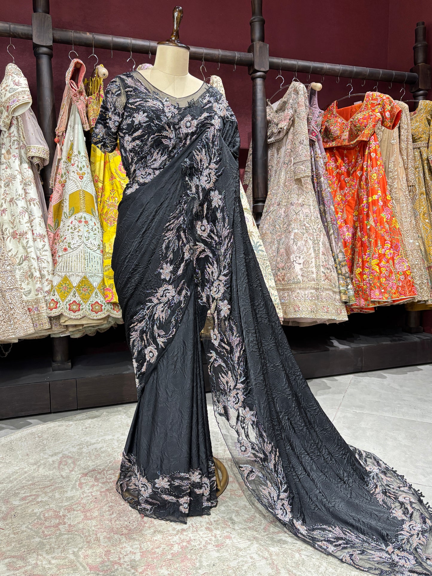 Midnight Black Designer Saree with Heavy Sequins & Floral Handwork