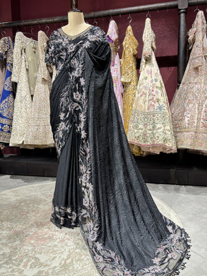 Midnight Black Designer Saree with Heavy Sequins & Floral Handwork
