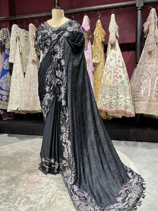 Midnight Black Designer Saree with Heavy Sequins & Floral Handwork