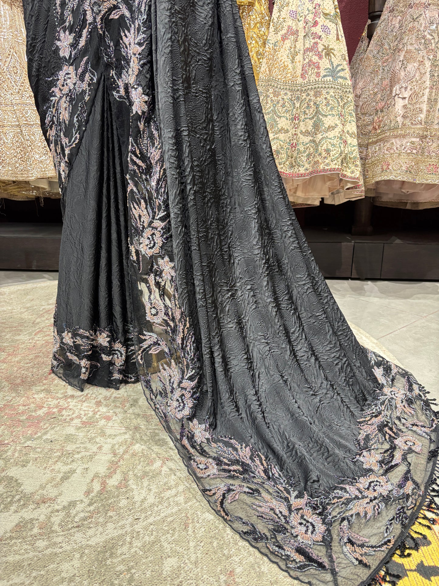 Midnight Black Designer Saree with Heavy Sequins & Floral Handwork