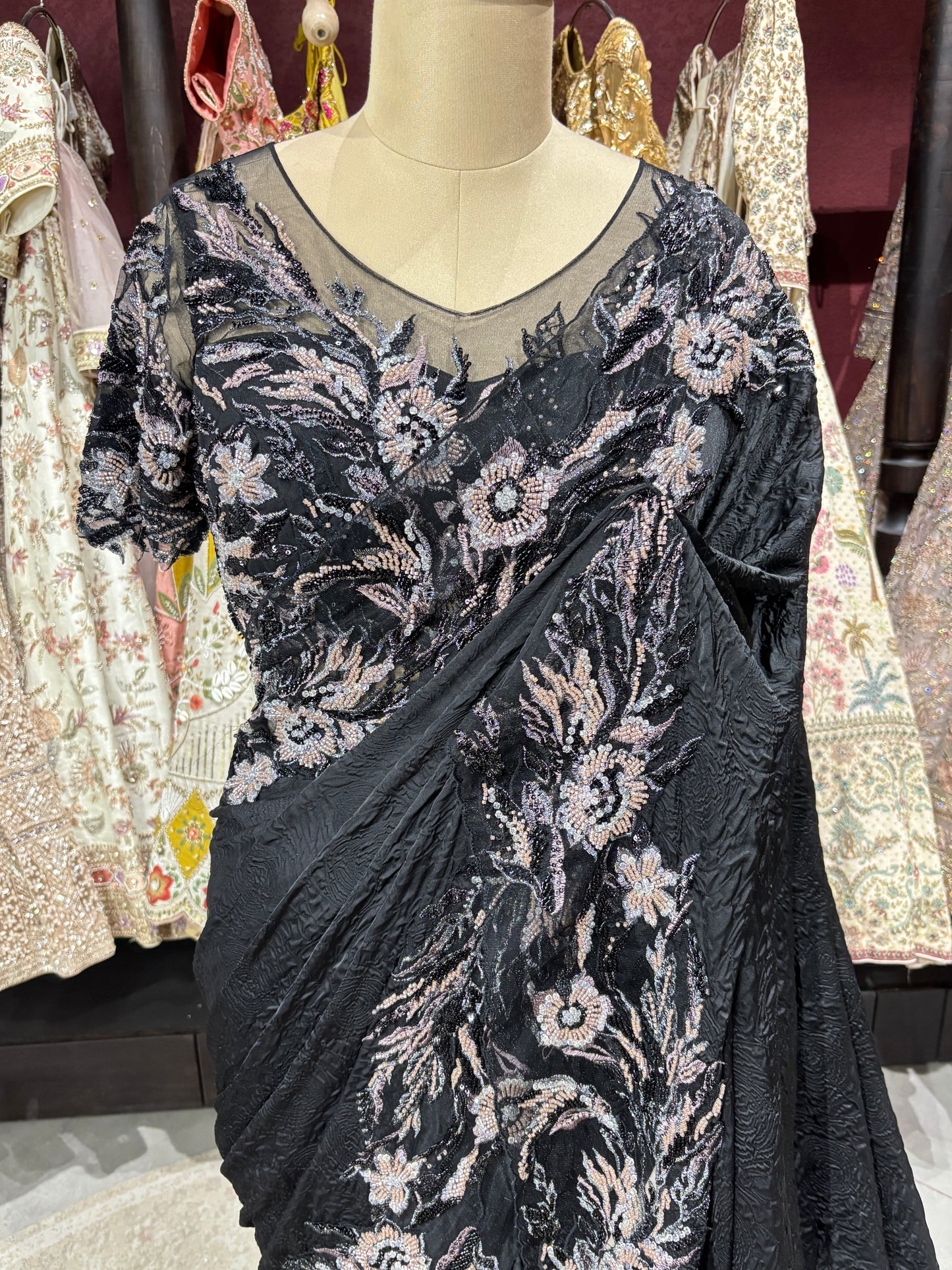 Midnight Black Designer Saree with Heavy Sequins & Floral Handwork