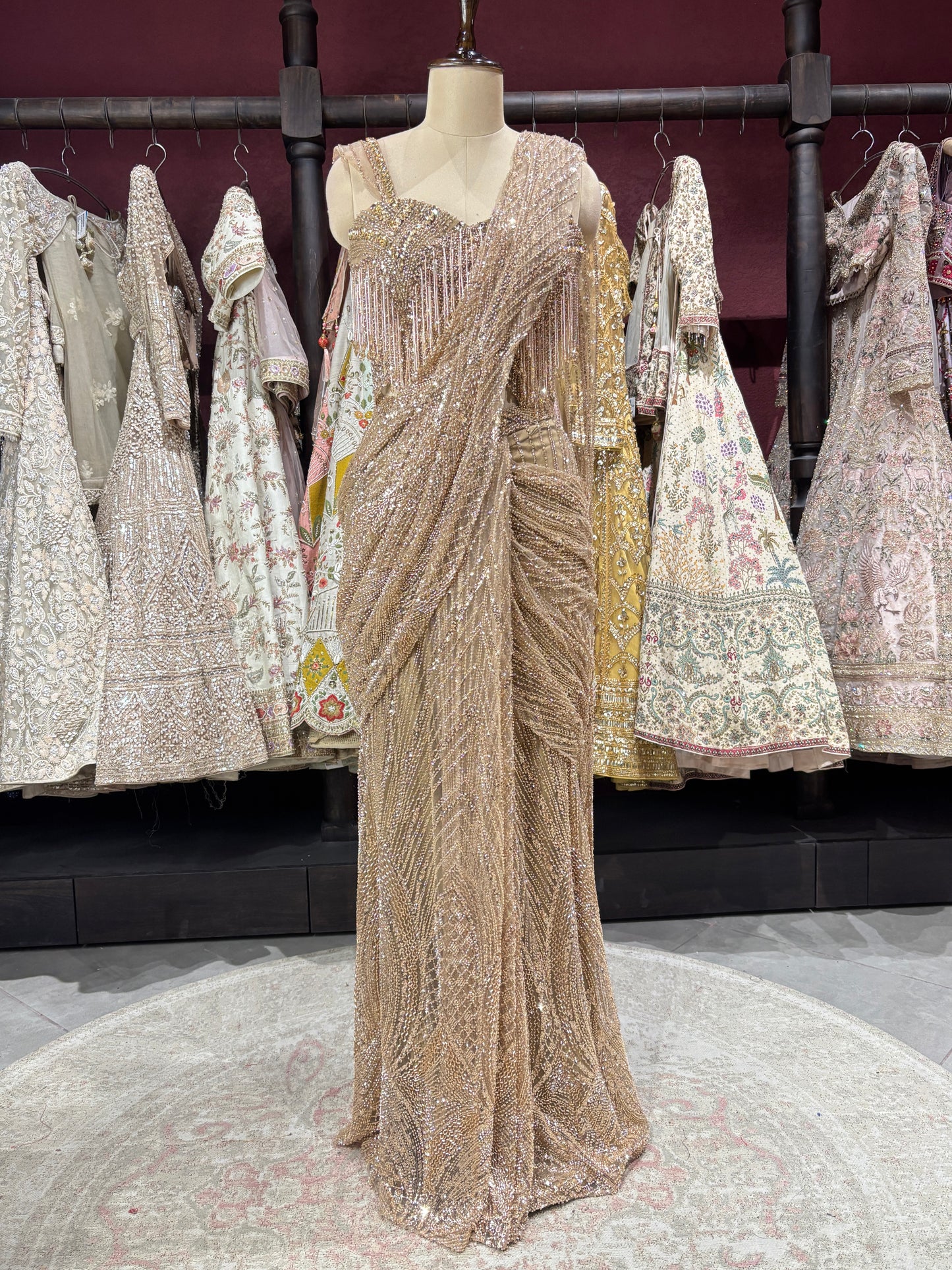 Golden Luxury Designer Drape Saree with Heavy Crystal & Sequins Work