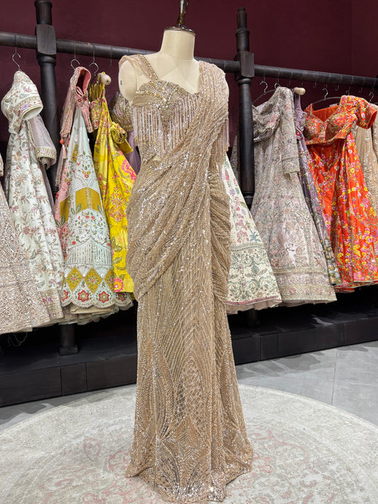 Golden Luxury Designer Drape Saree with Heavy Crystal & Sequins Work
