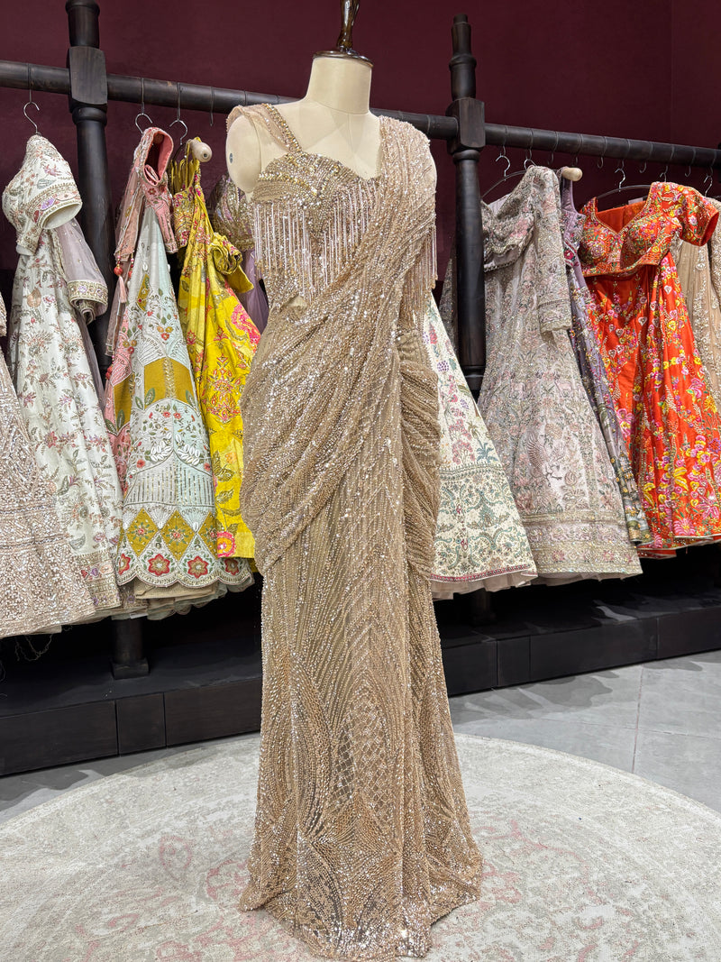 Golden Luxury Designer Drape Saree with Heavy Crystal & Sequins Work
