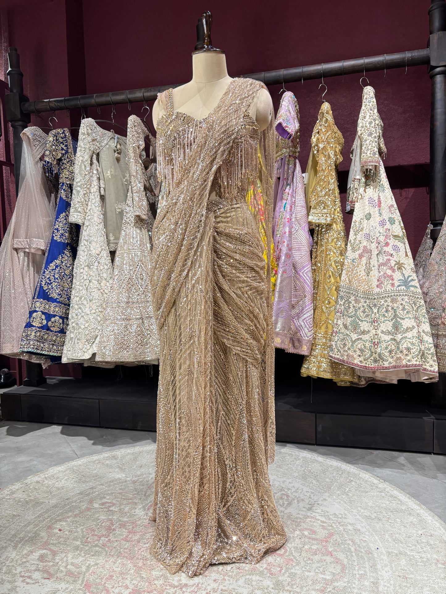 Golden Luxury Designer Drape Saree with Heavy Crystal & Sequins Work